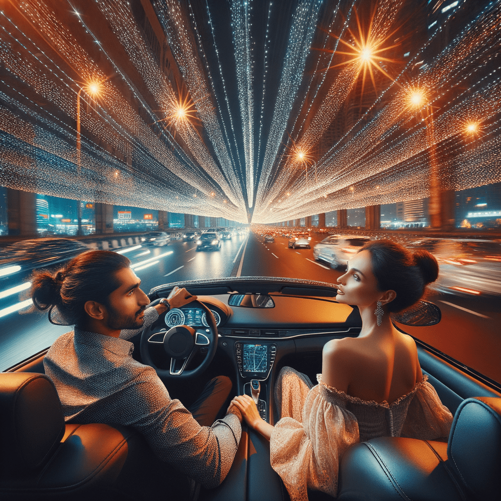 A very beautiful guy and girl in a car are driving along a big street dotted with light